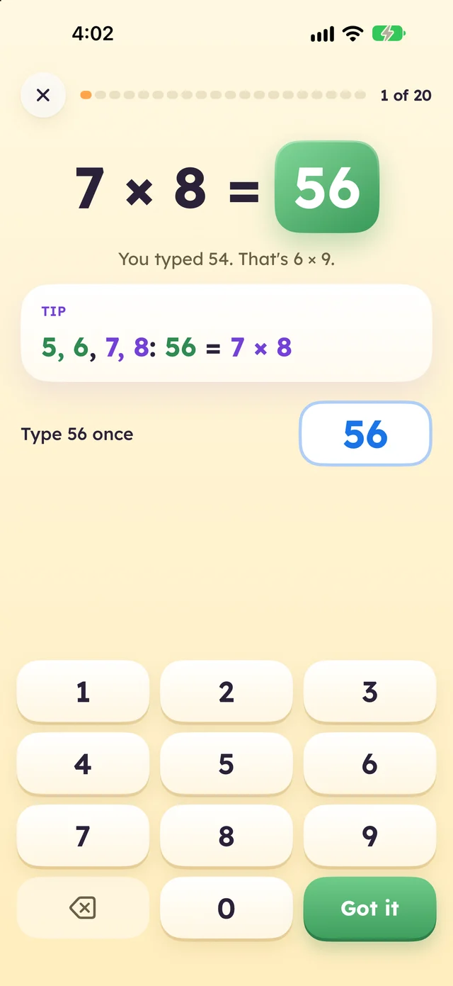 Factwise practice screen after a mistake: 7 × 8 = 56, you typed 54, that’s 6 × 9, with the tip 5, 6, 7, 8: 56 = 7 × 8